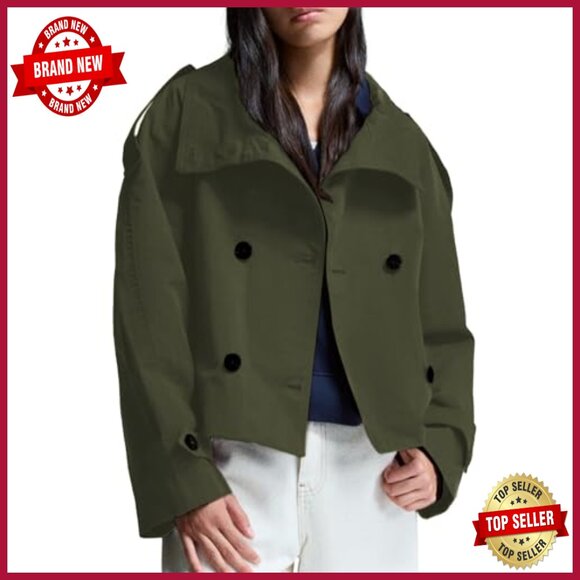 Cropped Trench Coat Double Breasted Belted Jacket Fall Winter Outerwear - Picture 2 of 6